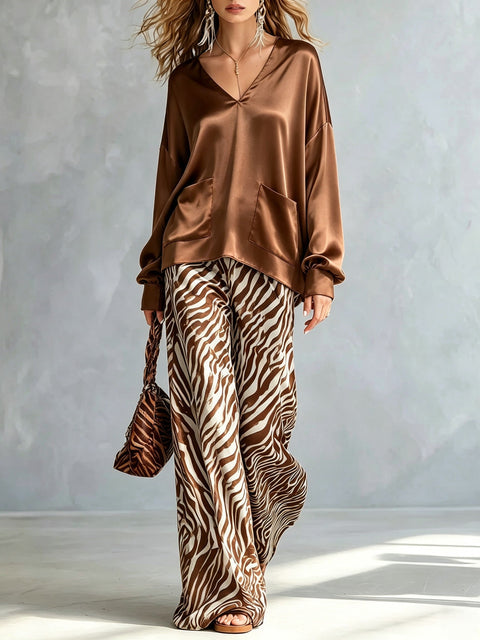 Ensemble satiné à pantalon large zébré