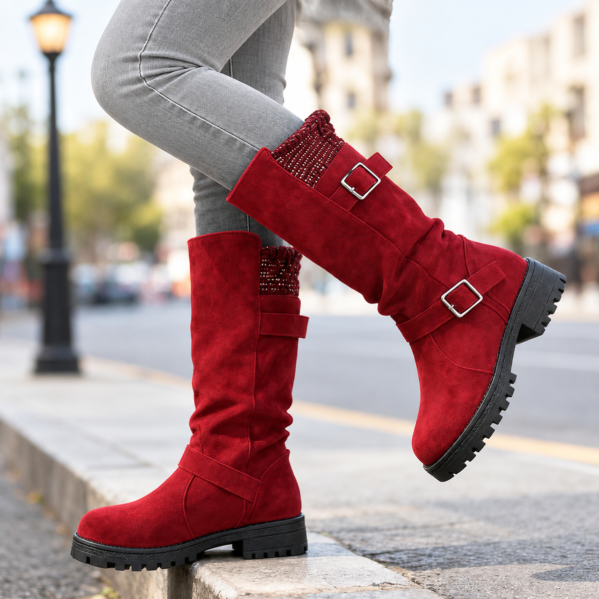 Xenia — Bottes aspect daim à boucles décoratives — Amielle Paris
