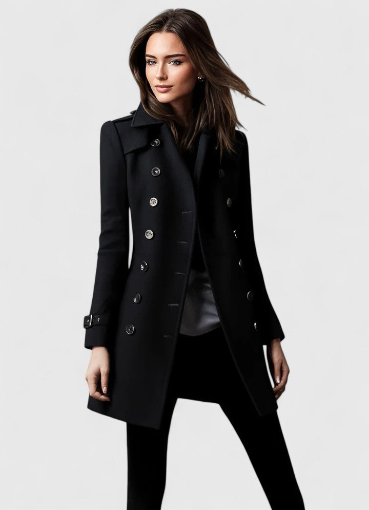 Manteau long croisé à boutons dorés — Amielle Paris