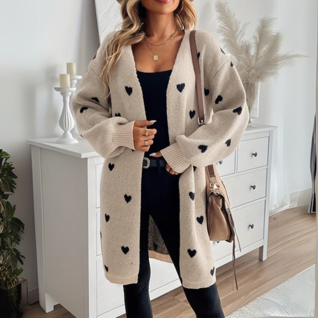 Sophia — Cardigan long ouvert à motifs cœur — Amielle Paris