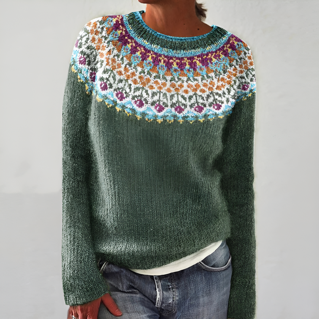 Fiona — Pull à motif floral et col rond — Amielle Paris