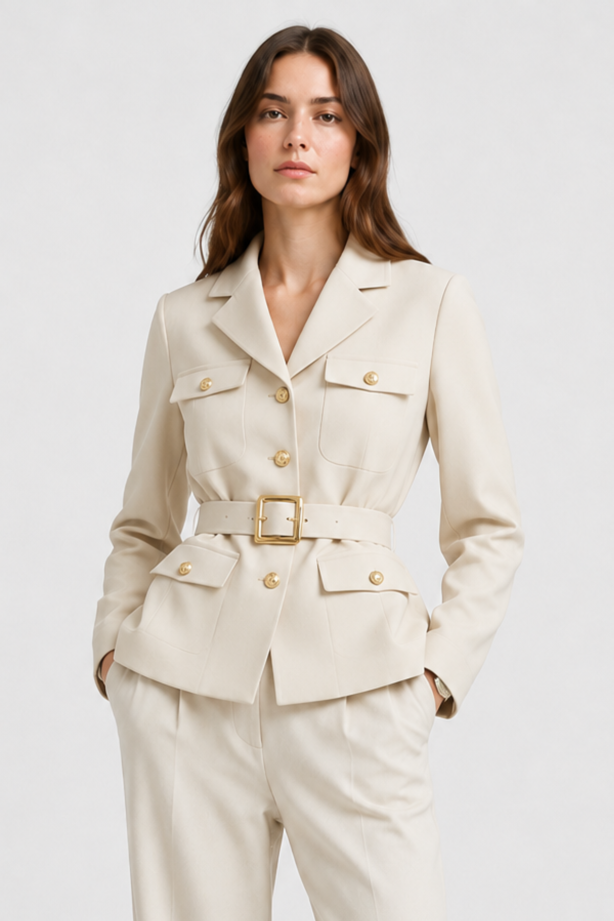 Tissary — Blazer ceinturé à boutons dorés — Amielle Paris
