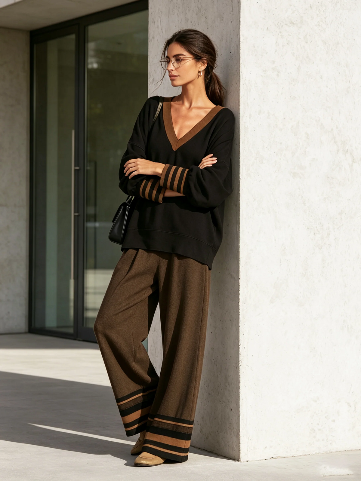 Ensemble haut col V et pantalon large — Amielle Paris