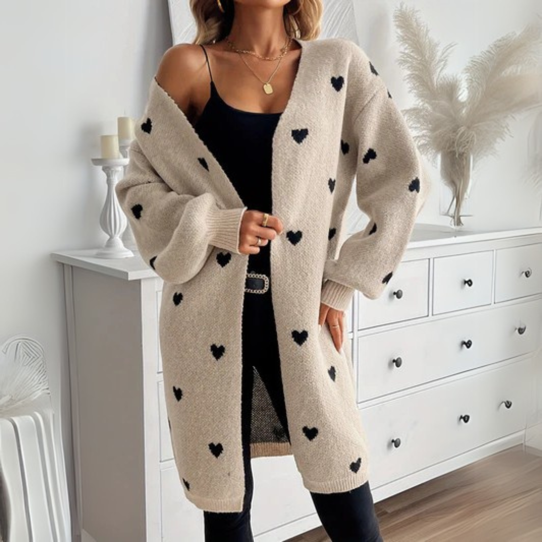 Sophia — Cardigan long ouvert à motifs cœur — Amielle Paris