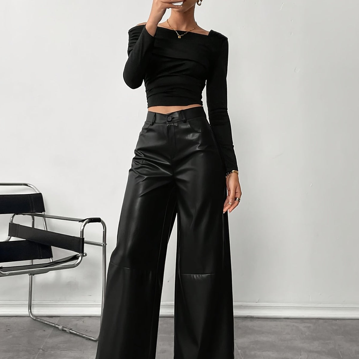 Pantalon large taille haute aspect cuir — Amielle Paris