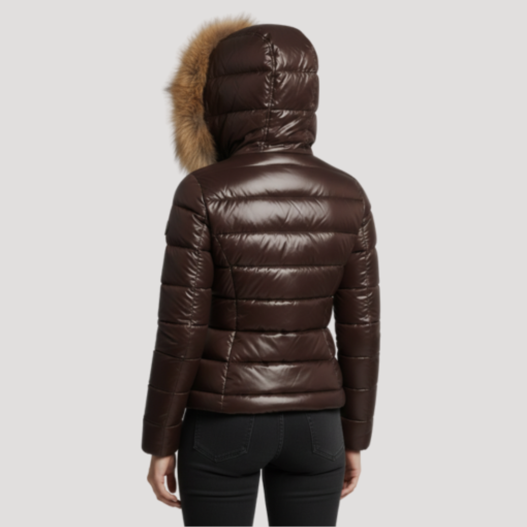Doudoune brillante à capuche bordée de fausse fourrure — Amielle Paris