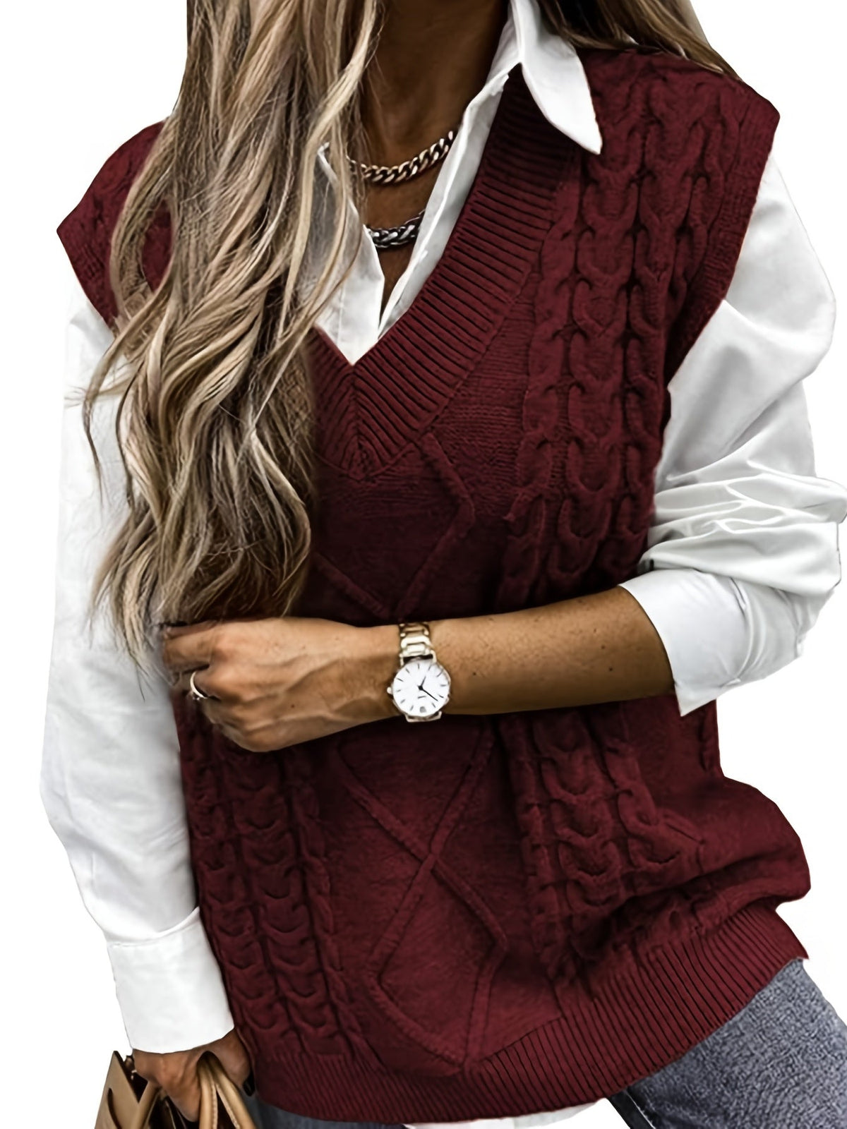 Pull sans manches ample à torsades et col V — Amielle Paris