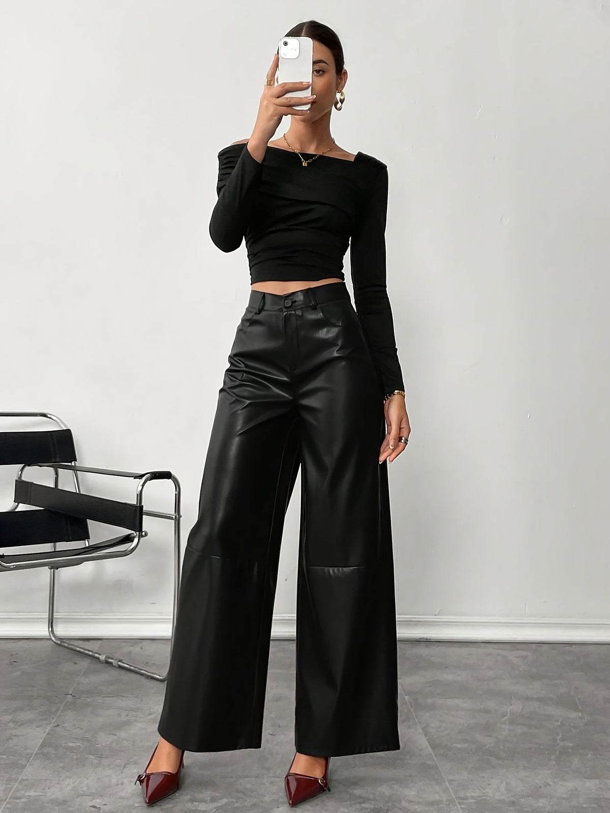 Pantalon large taille haute aspect cuir — Amielle Paris
