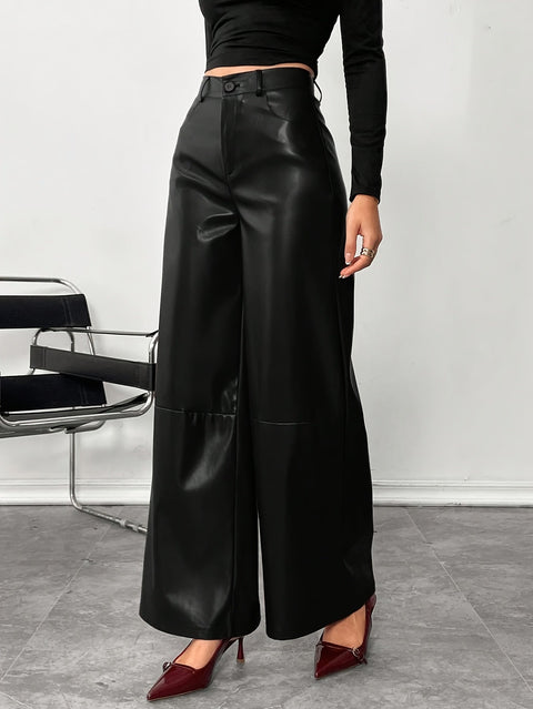 Pantalon large taille haute aspect cuir