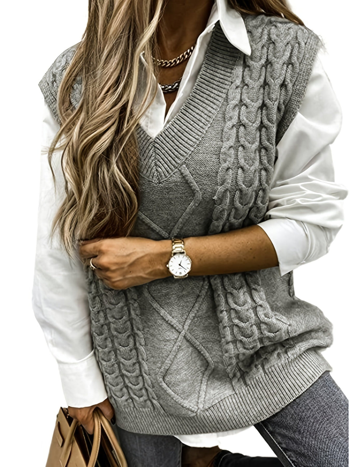 Pull sans manches ample à torsades et col V — Amielle Paris