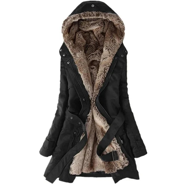 Manteau zippé à capuche bordée de fausse fourrure — Amielle Paris