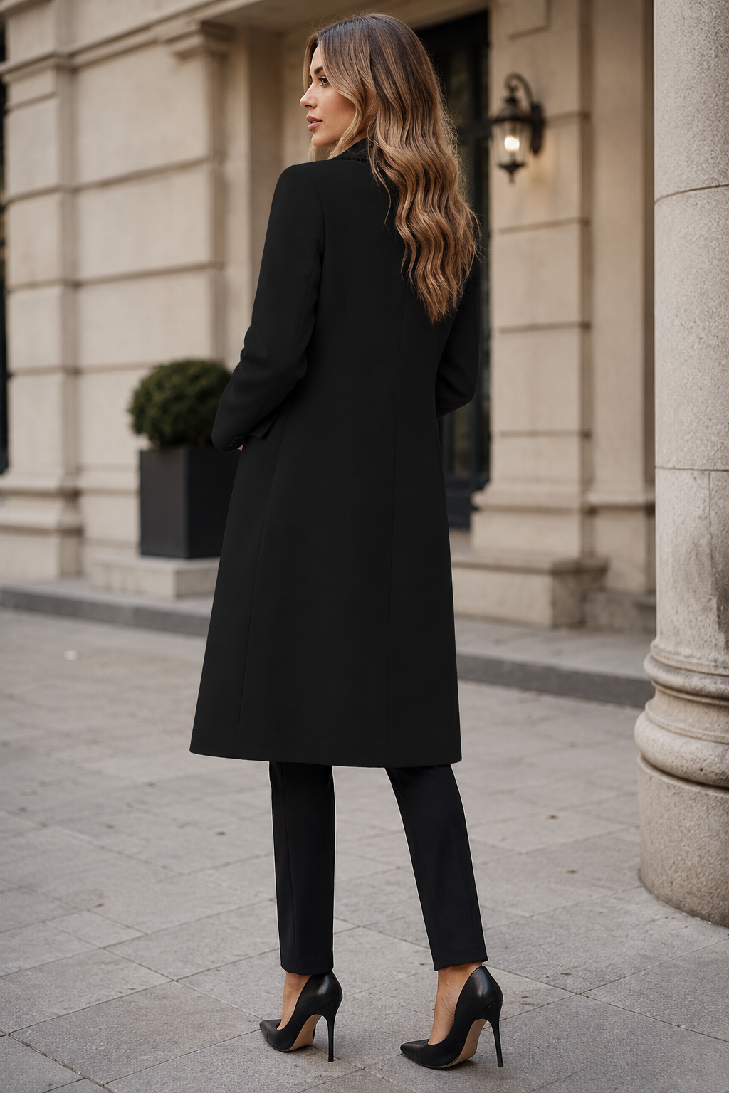 Avalyn — Manteau long cintré à col cranté — Amielle Paris
