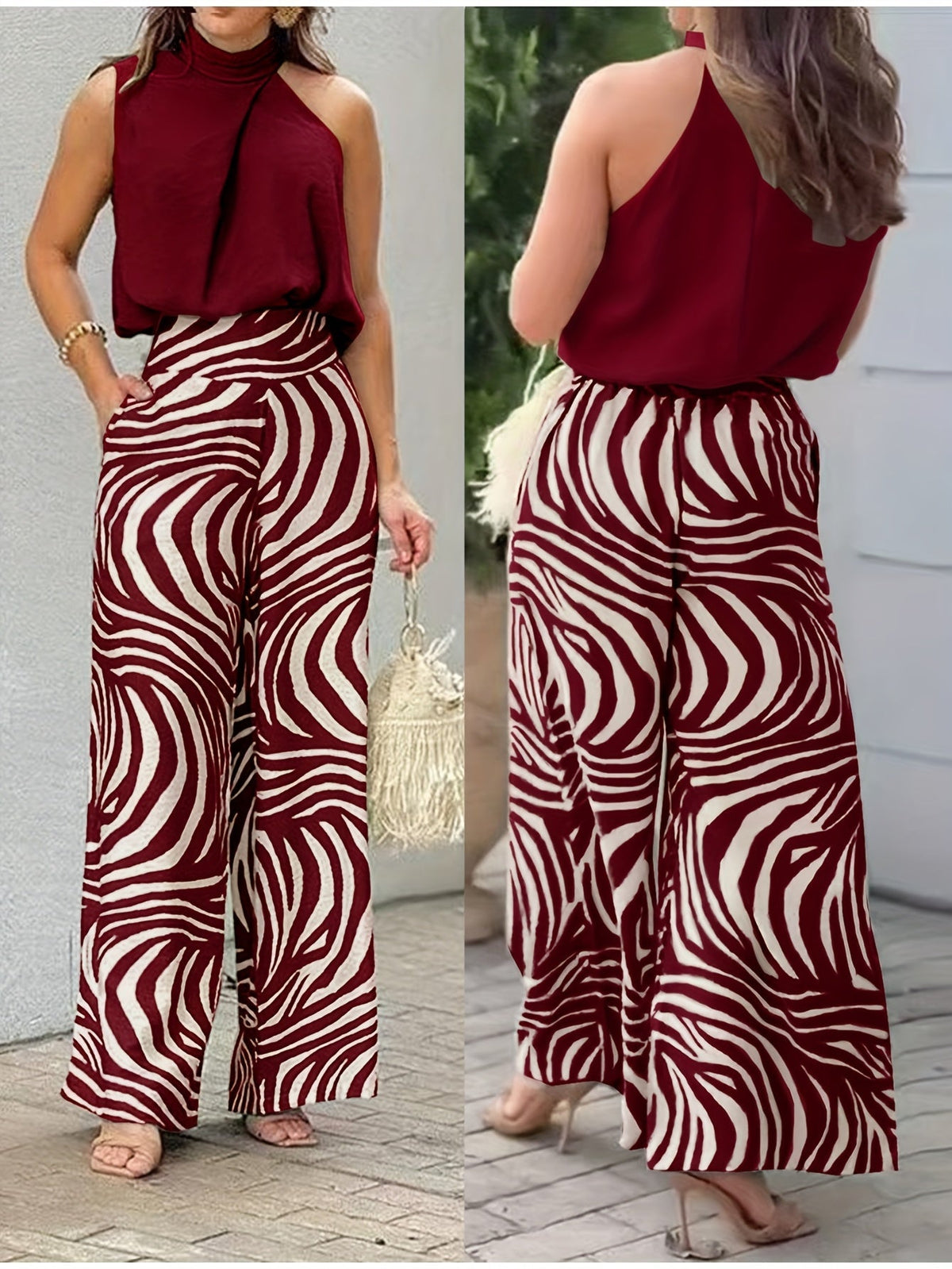 Ensemble zébré à haut dos-nu et pantalon large — Amielle Paris