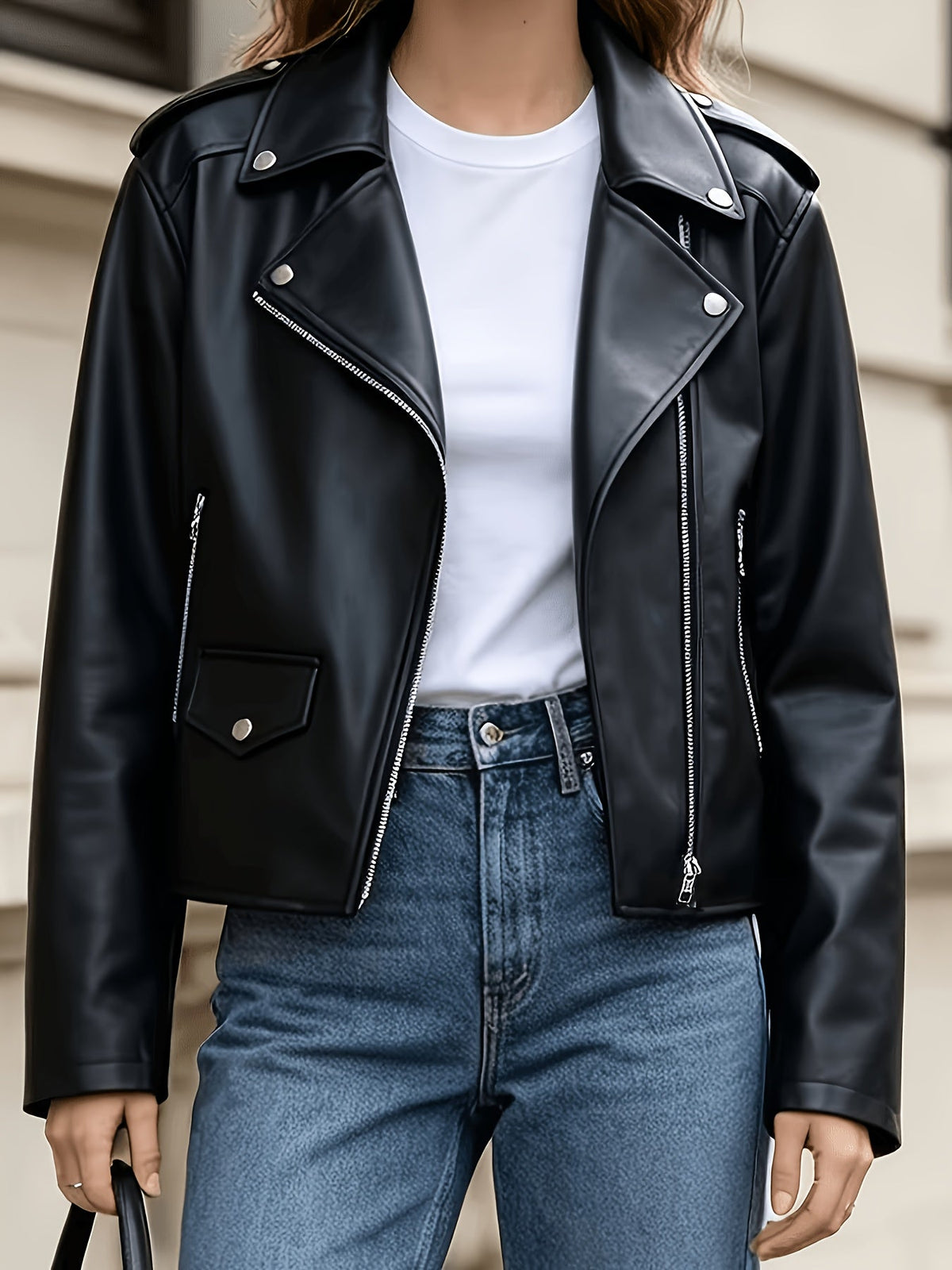Veste de motard à zip asymétrique et détails côtelés — Amielle Paris