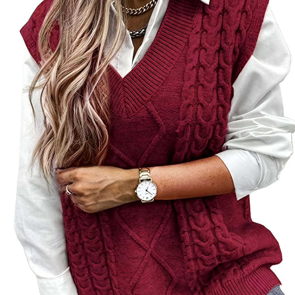 Pull sans manches ample à torsades et col V — Amielle Paris