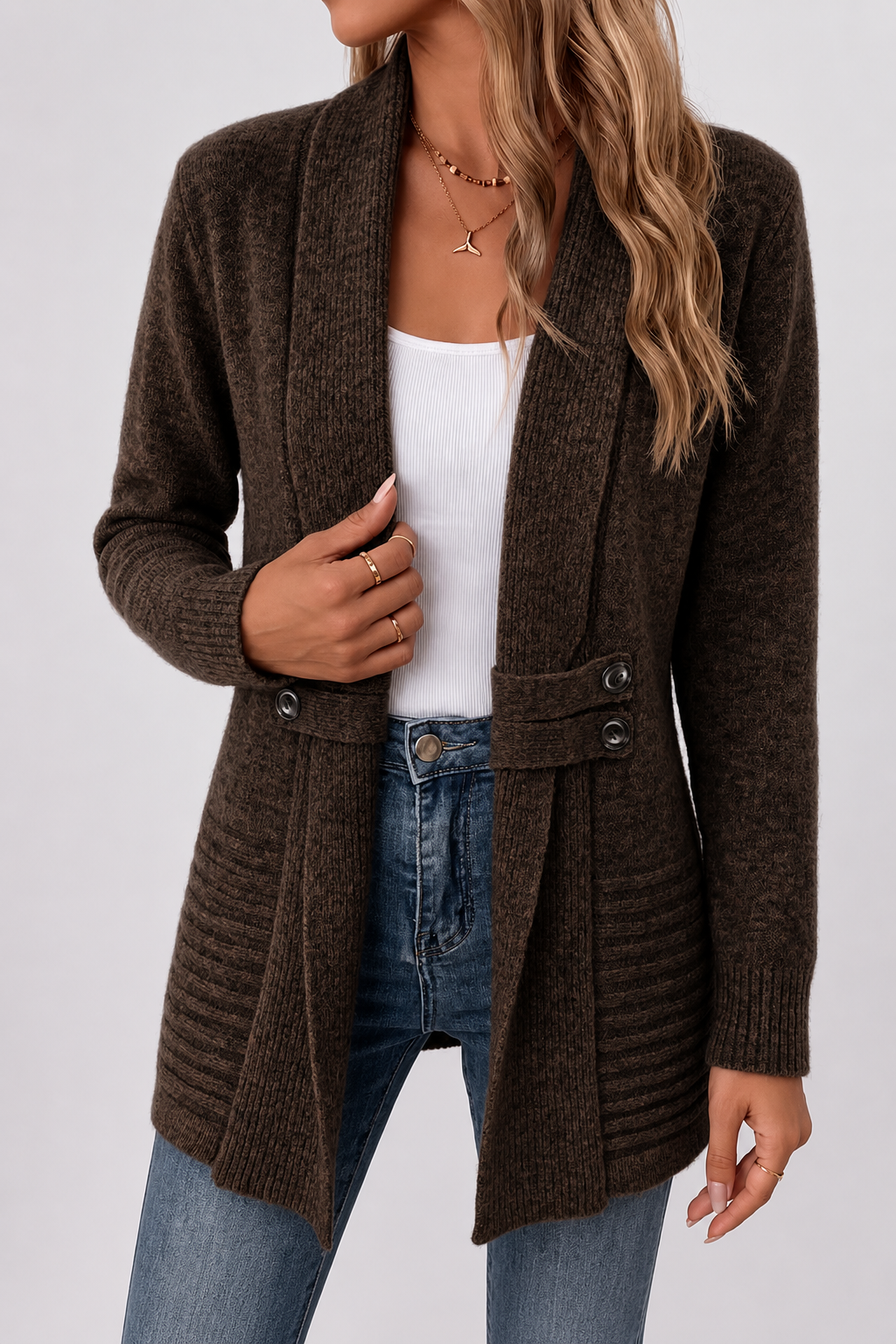 Cardigan long ouvert à col châle — Amielle Paris