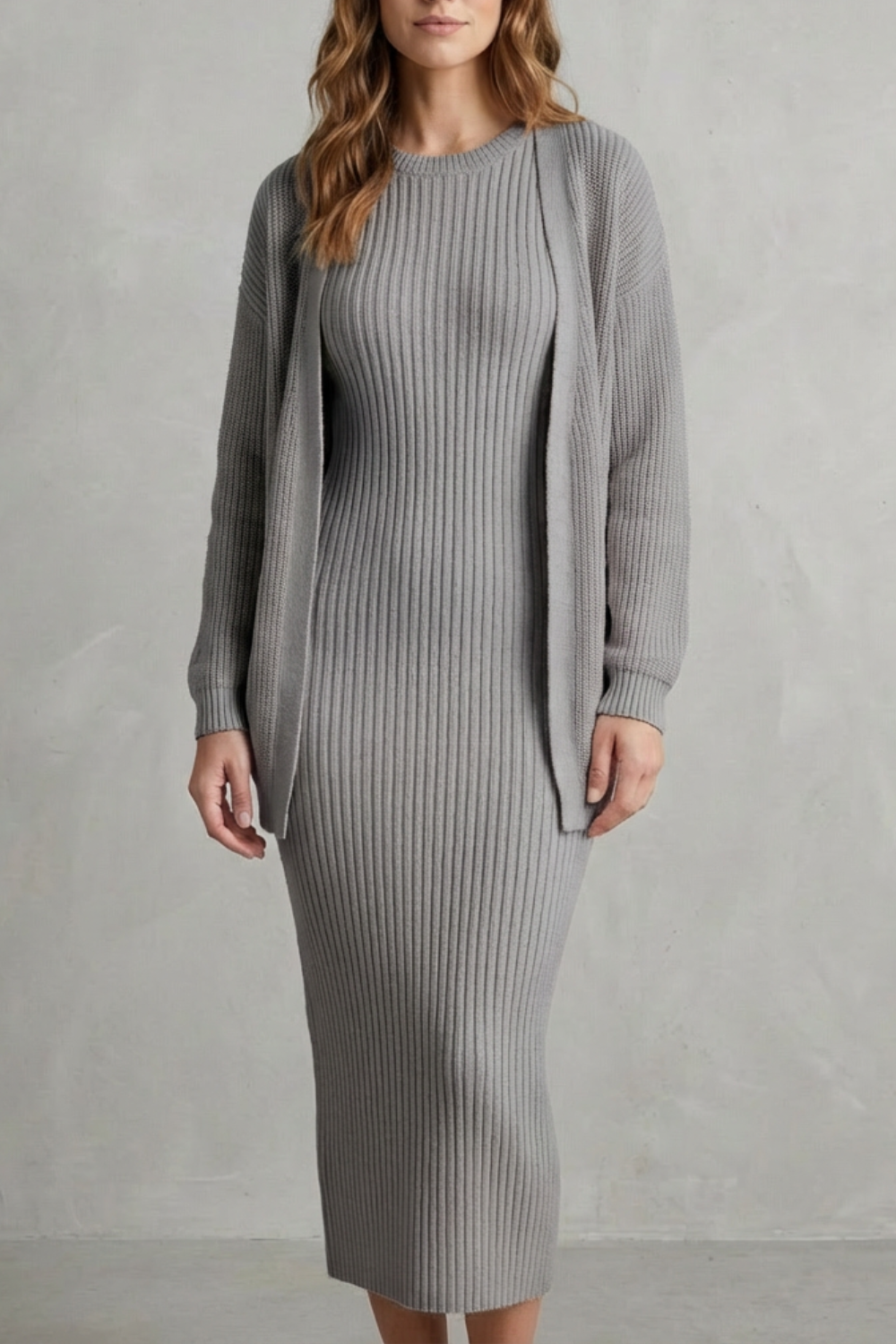 Ensemble robe pull et gilet en maille côtelée — Amielle Paris