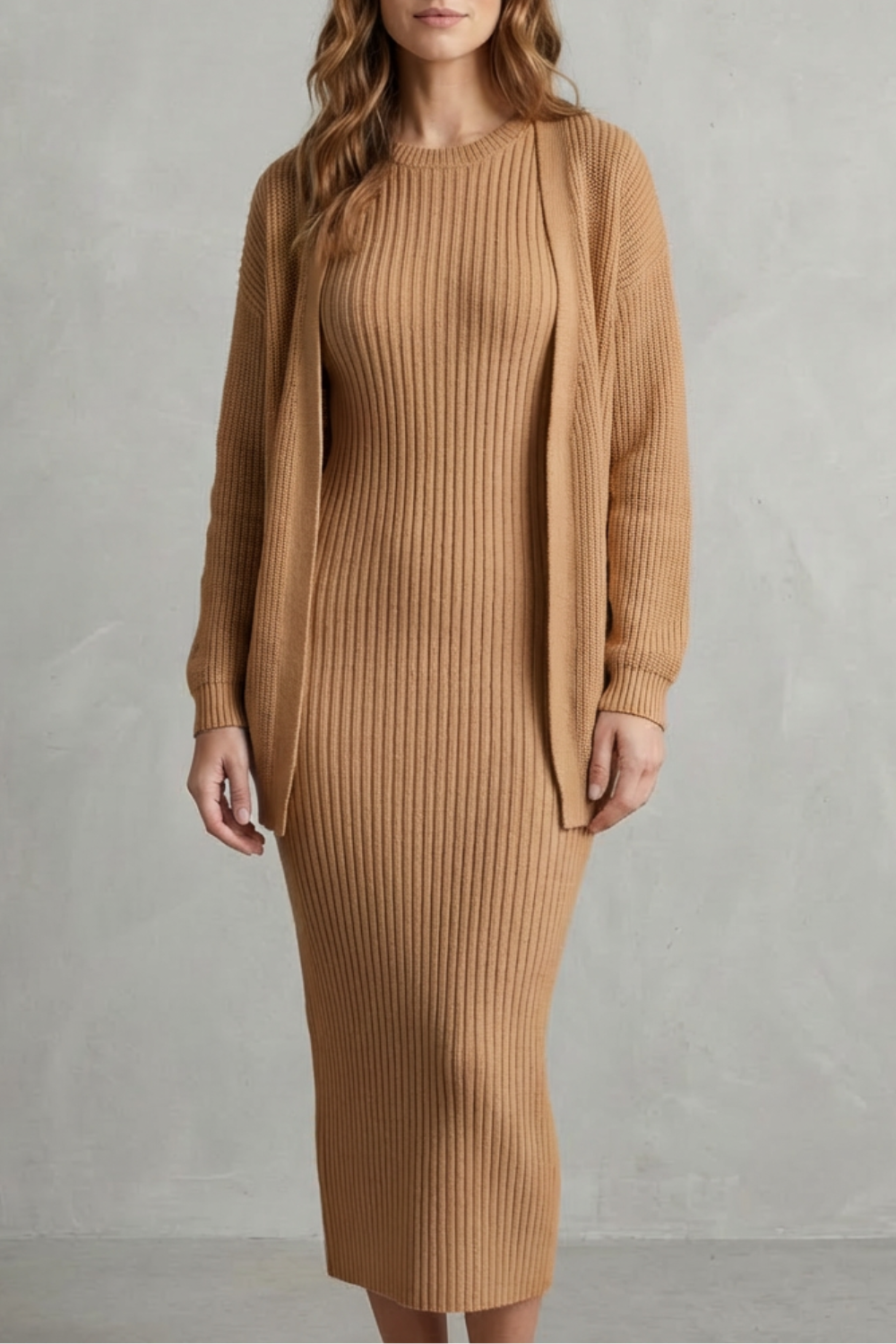 Ensemble robe pull et gilet en maille côtelée — Amielle Paris