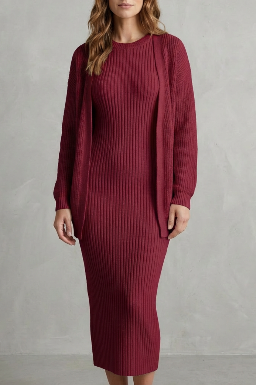 Ensemble robe pull et gilet en maille côtelée — Amielle Paris
