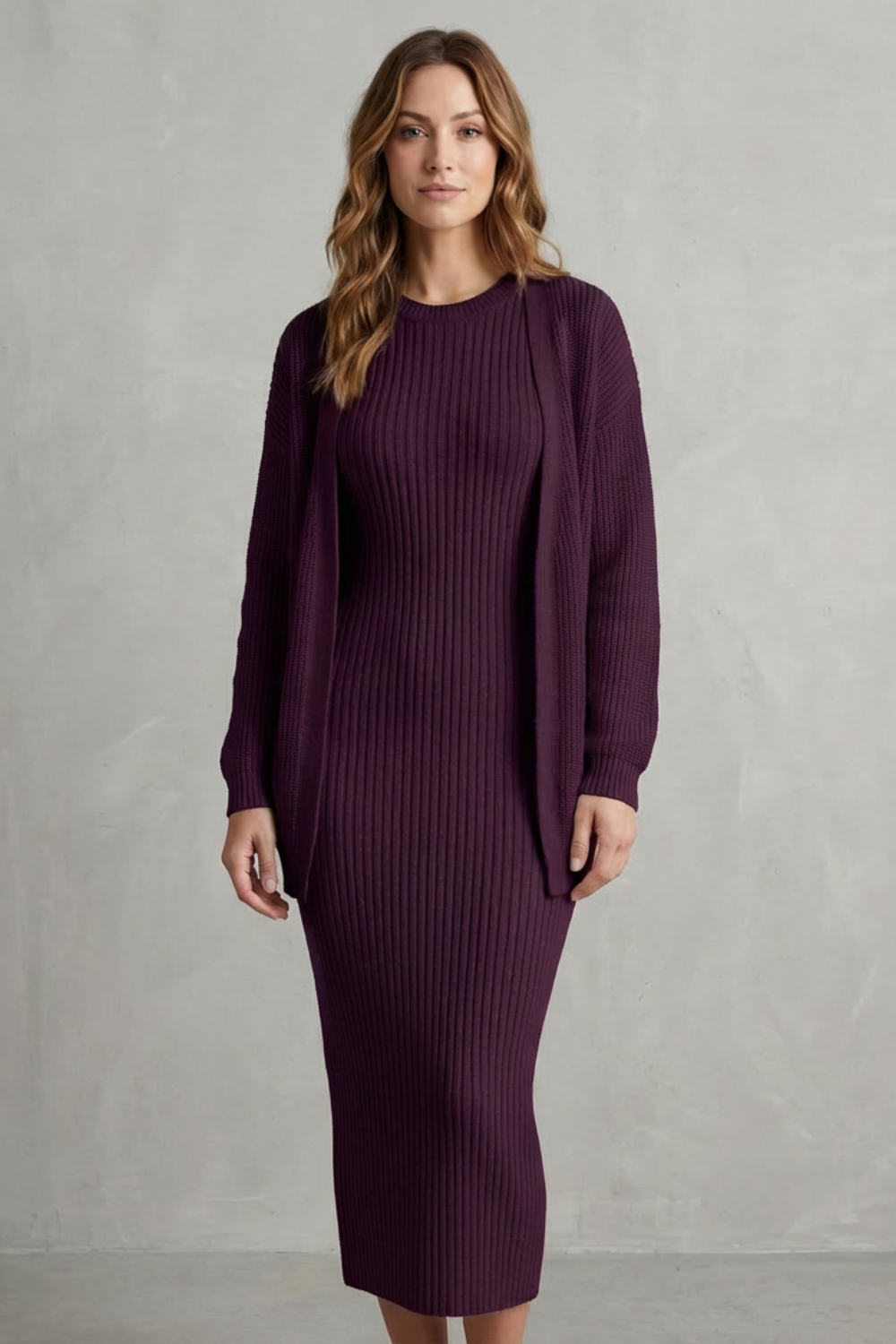 Ensemble robe pull et gilet en maille côtelée — Amielle Paris