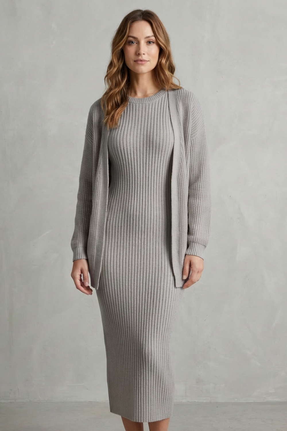 Ensemble robe pull et gilet en maille côtelée — Amielle Paris