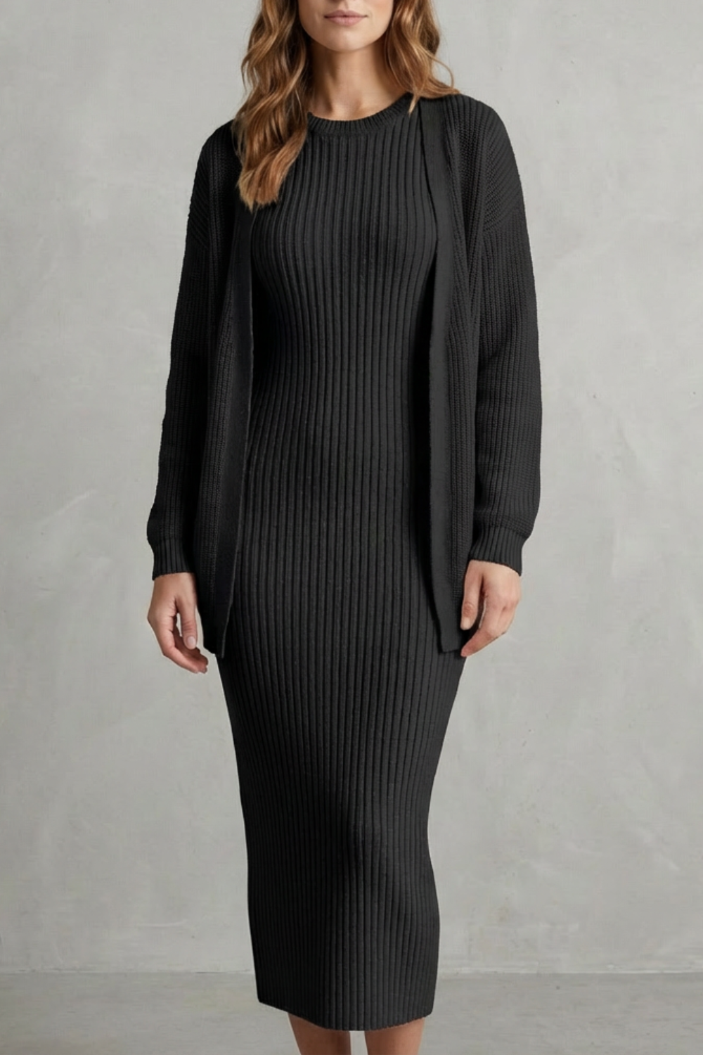 Ensemble robe pull et gilet en maille côtelée — Amielle Paris