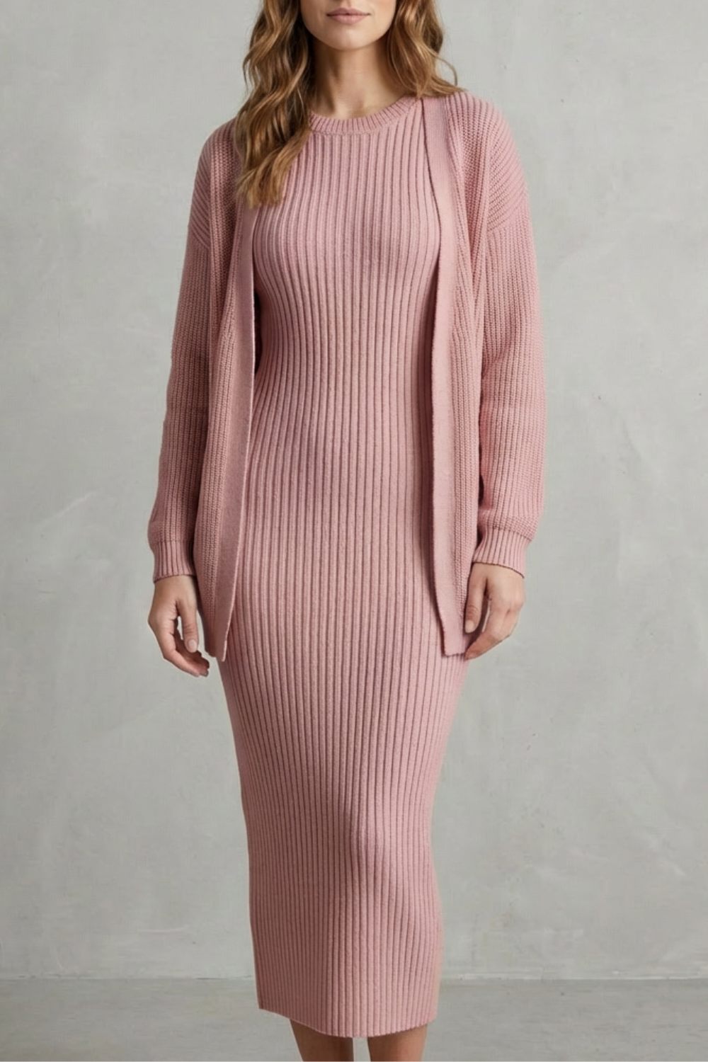 Ensemble robe pull et gilet en maille côtelée — Amielle Paris