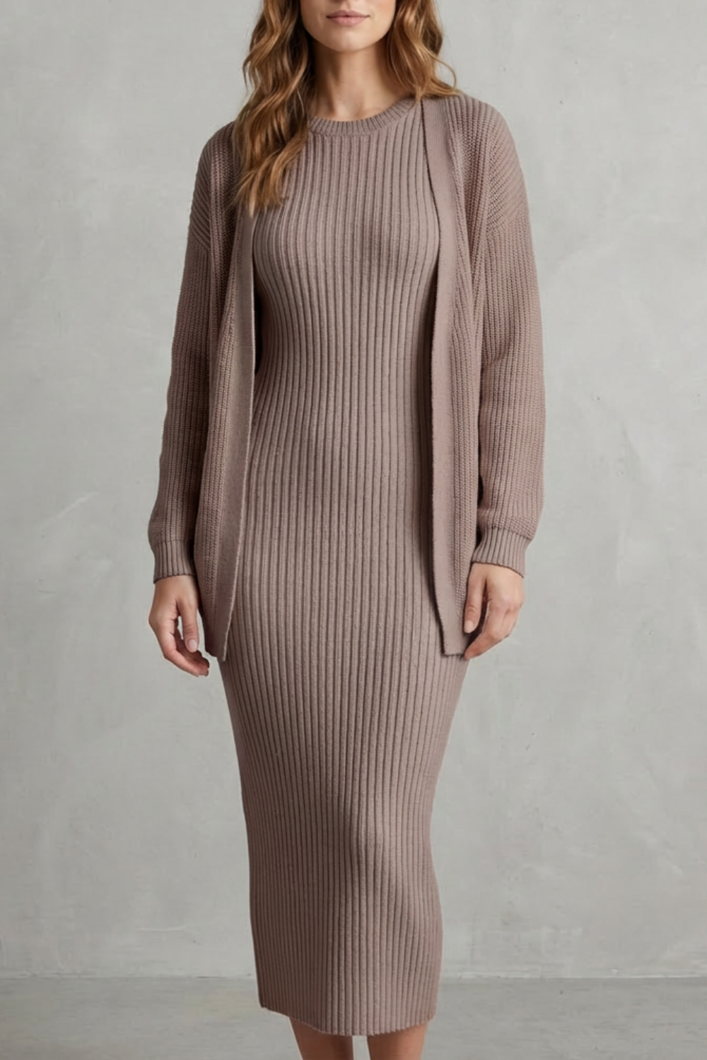 Ensemble robe pull et gilet en maille côtelée — Amielle Paris