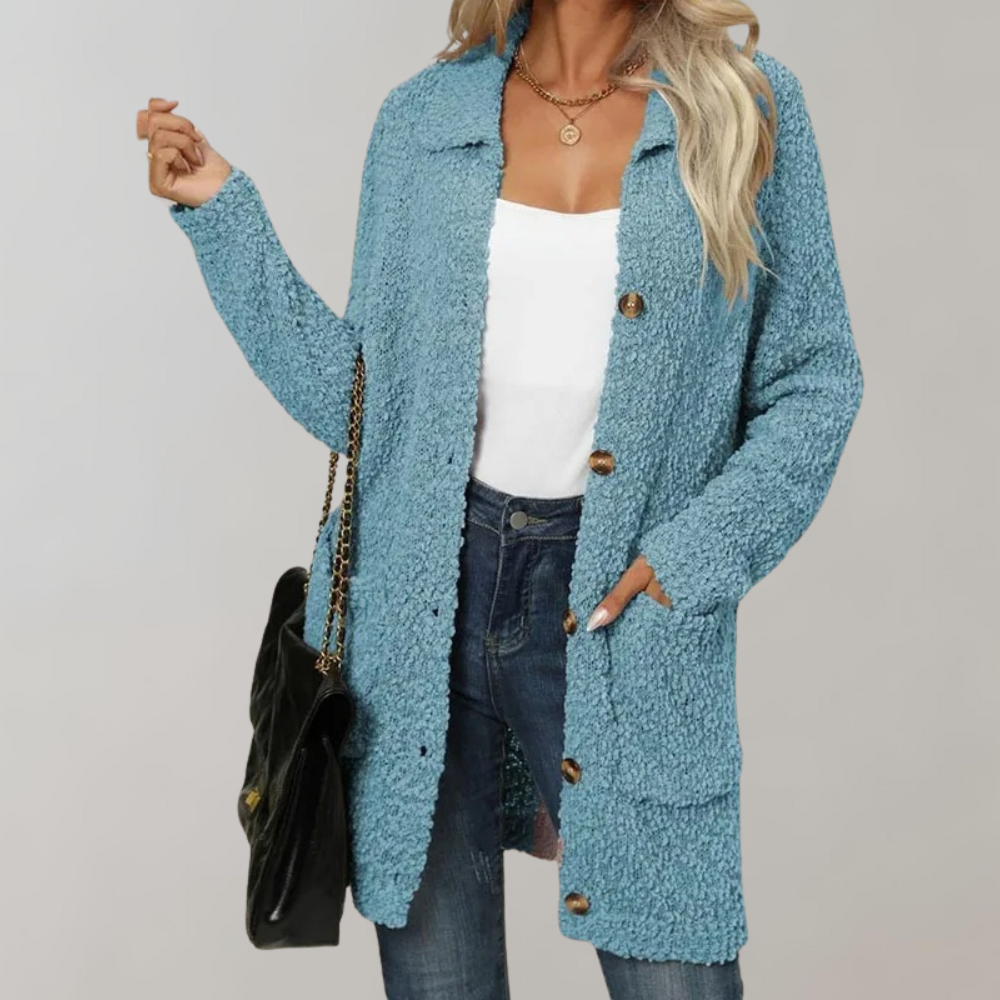 Iris — Cardigan long effet peluche à poches — Amielle Paris