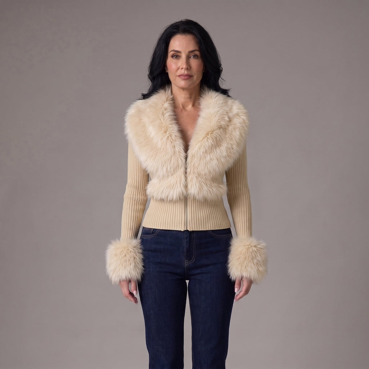 Cardigan zippé à col en fausse fourrure — vue 6