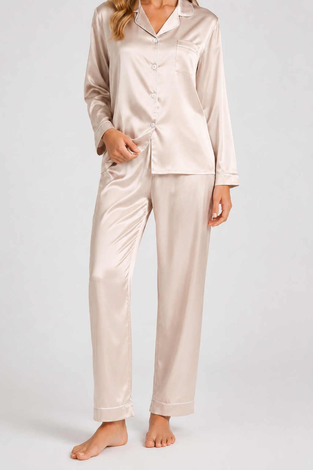 Pyjama satiné à passepoils — Delia — Amielle Paris