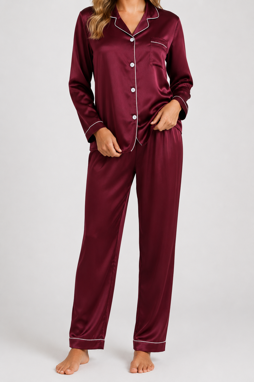 Pyjama satiné à passepoils — Delia — Amielle Paris