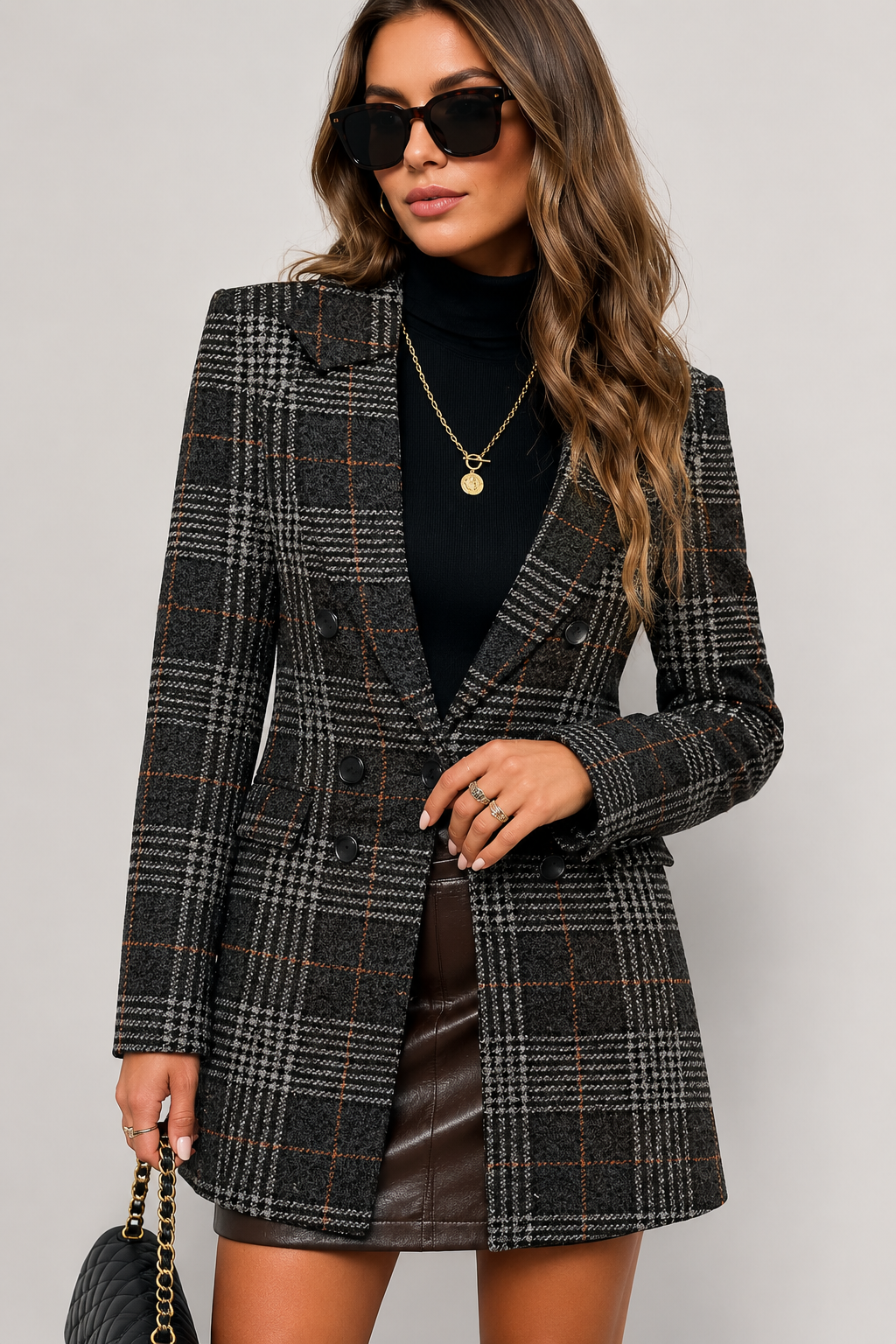 Blazer long croisé prince-de-galles Roxy — Amielle Paris