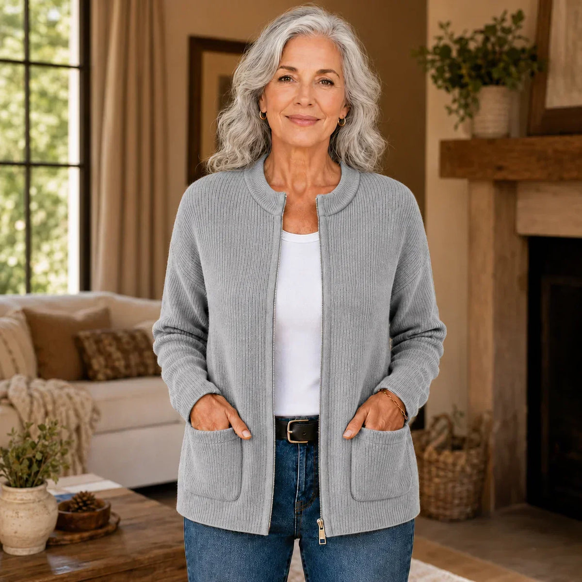 Uma — Cardigan ouvert à col rond et poches — Amielle Paris