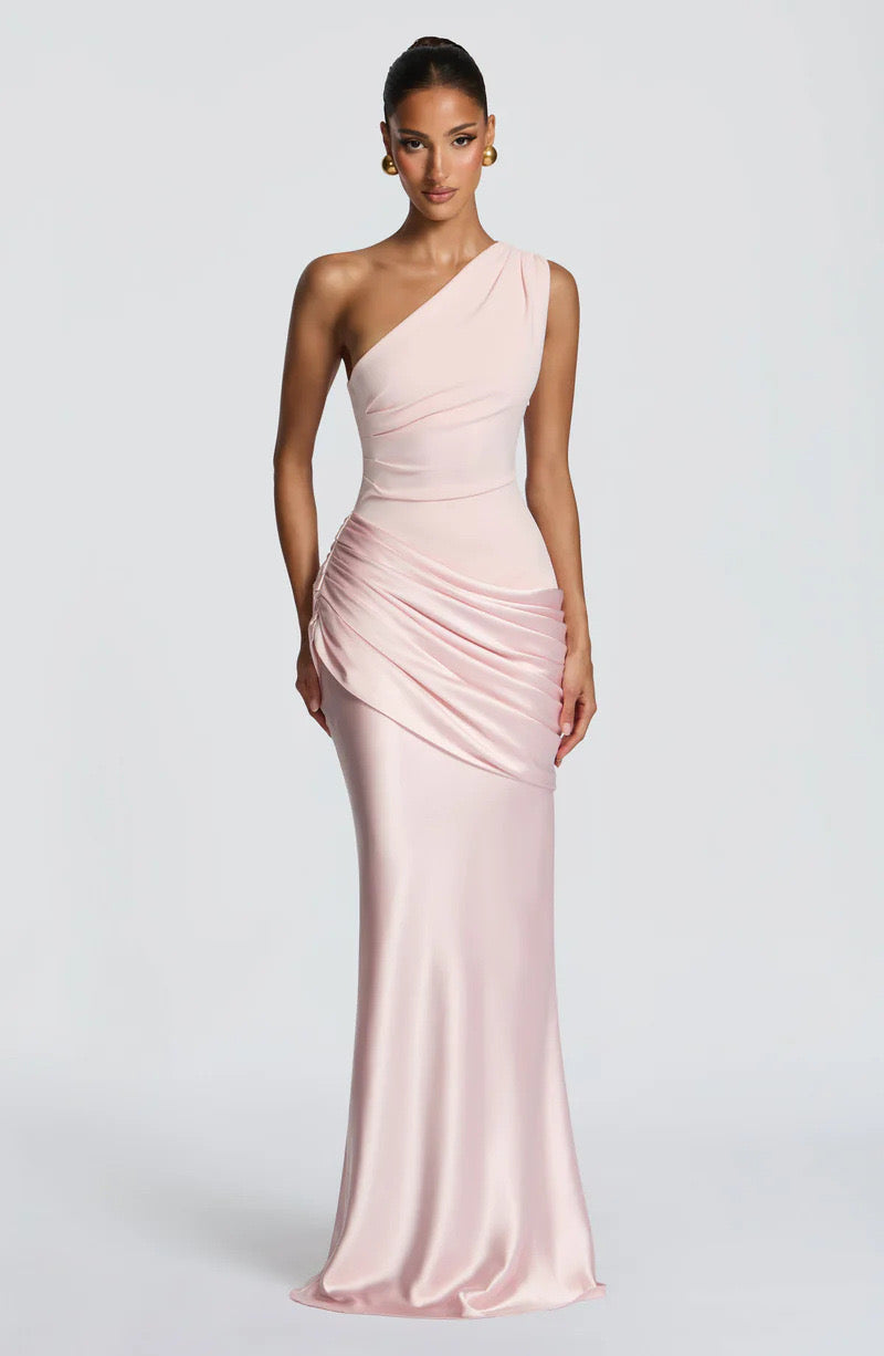 Sidonie — Robe longue satinée à une épaule — Amielle Paris