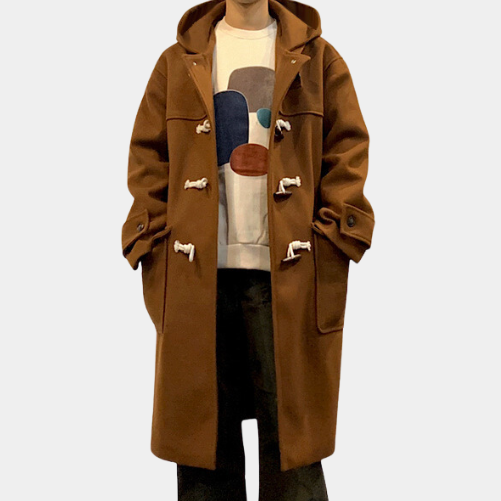 Talia — Manteau long à capuche et brandebourgs — Amielle Paris
