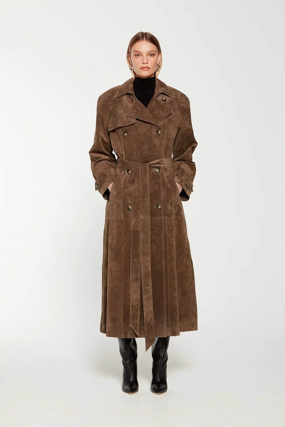 Trench long ceinturé effet daim — vue principale
