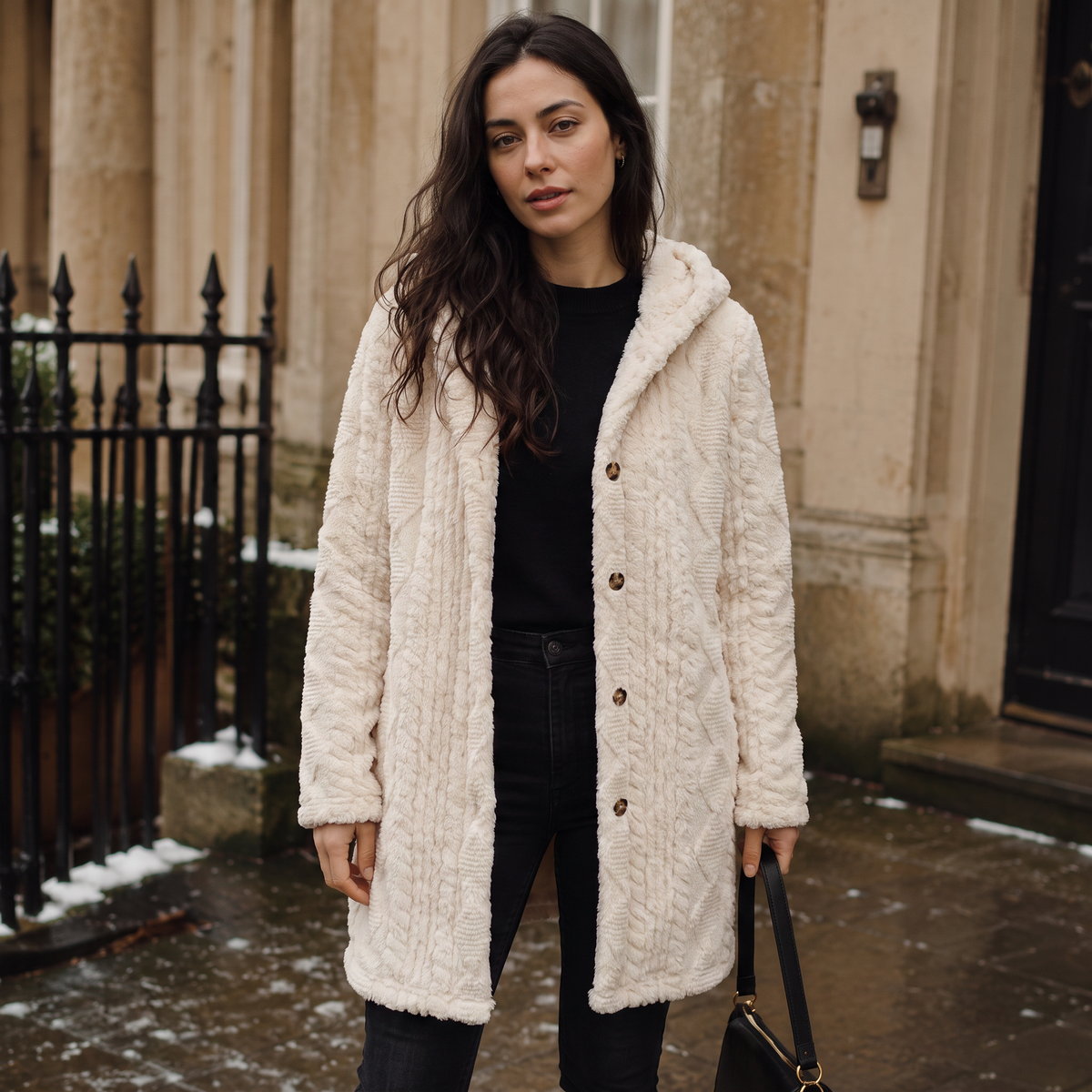 Cardigan long à capuche en polaire peluche — Amielle Paris — vue 2