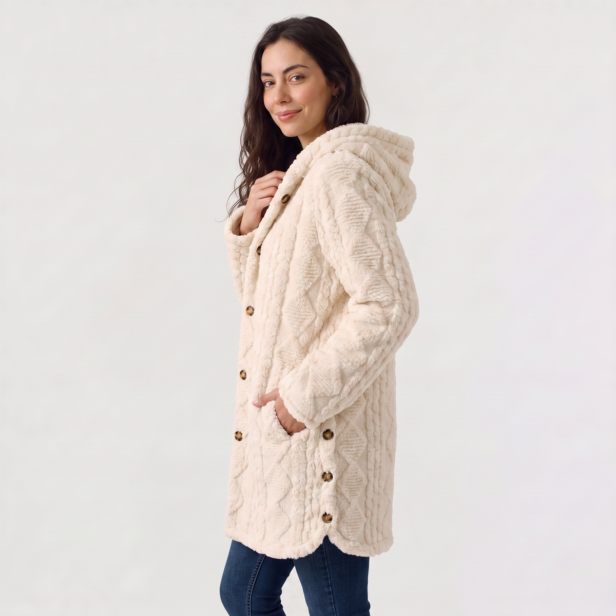 Cardigan long à capuche en polaire peluche — Amielle Paris — vue 5