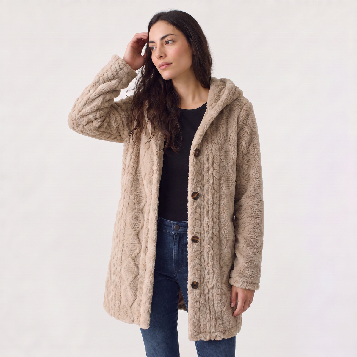 Cardigan long à capuche en polaire peluche — Amielle Paris — vue 13