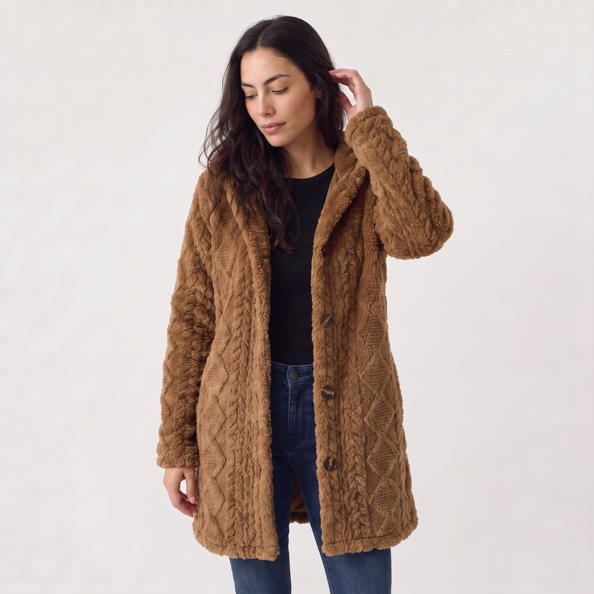 Cardigan long à capuche en polaire peluche — Amielle Paris — vue 8