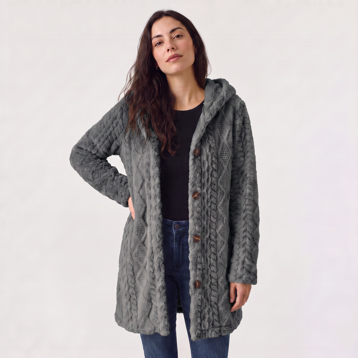 Cardigan long à capuche en polaire peluche — Amielle Paris — vue 12