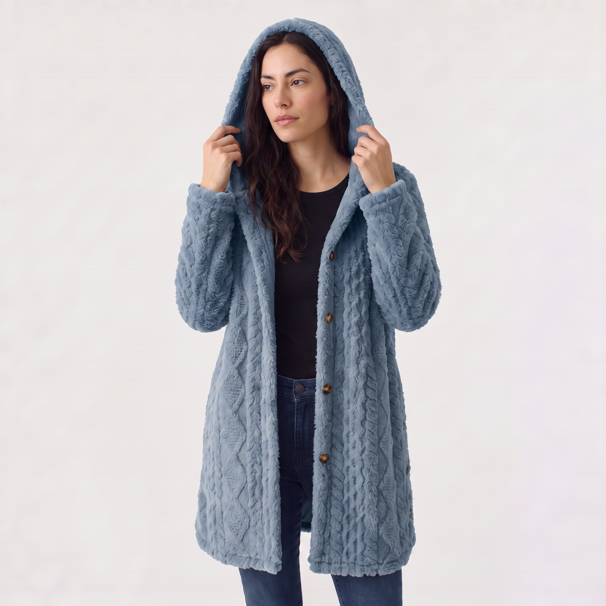 Cardigan long à capuche en polaire peluche — Amielle Paris — vue 11