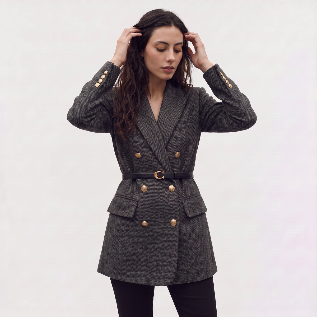 Blazer croisé en tweed à chevrons et ceinture — Amielle Paris — vue 8