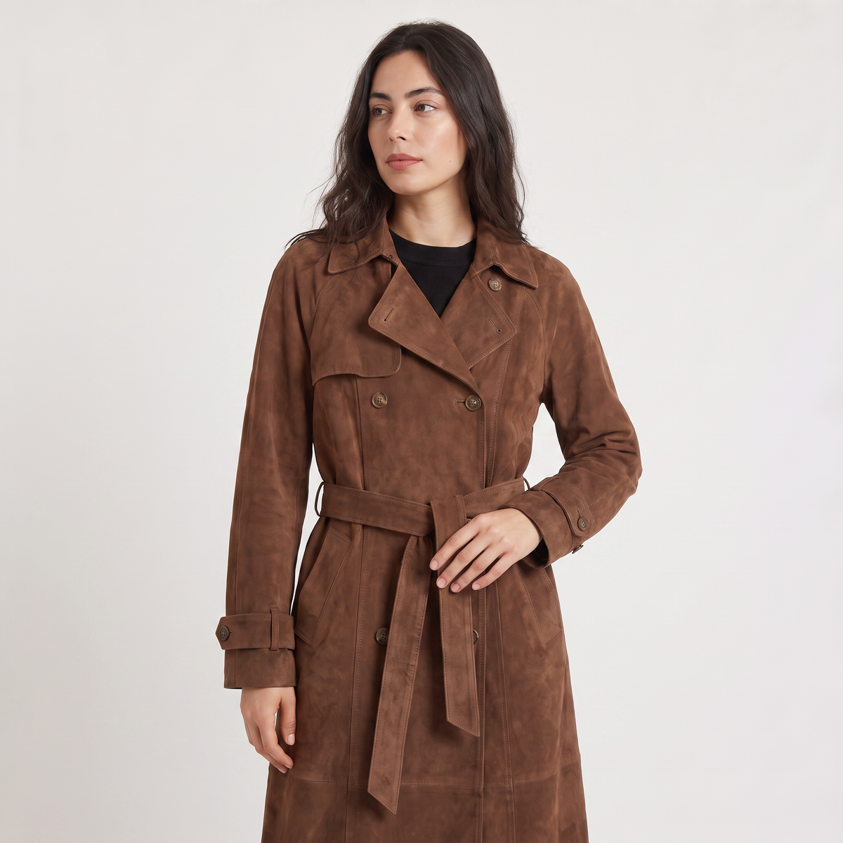 Trench long ajusté effet daim avec ceinture — Amielle Paris — vue 3