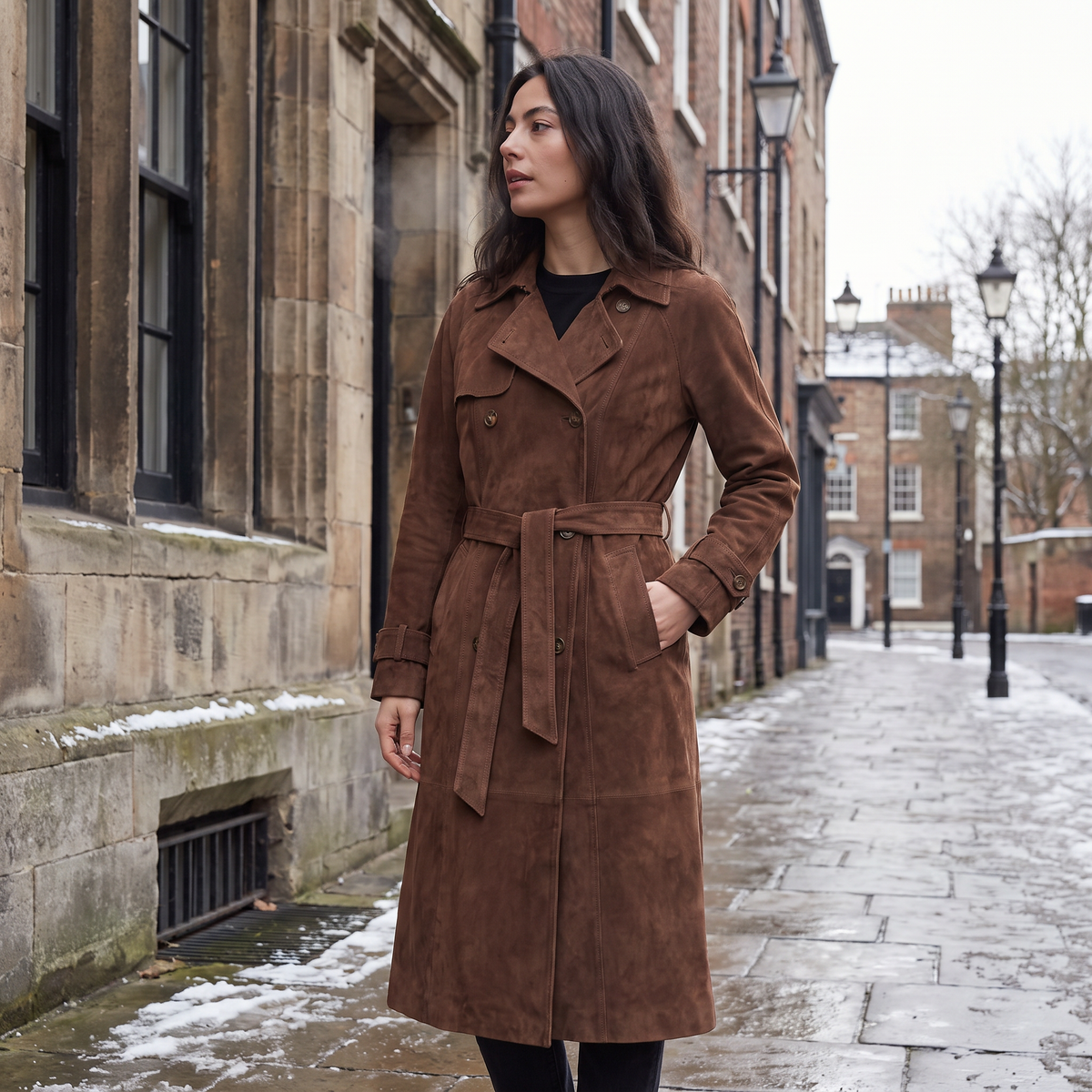 Trench long ajusté effet daim avec ceinture — Amielle Paris — vue 2