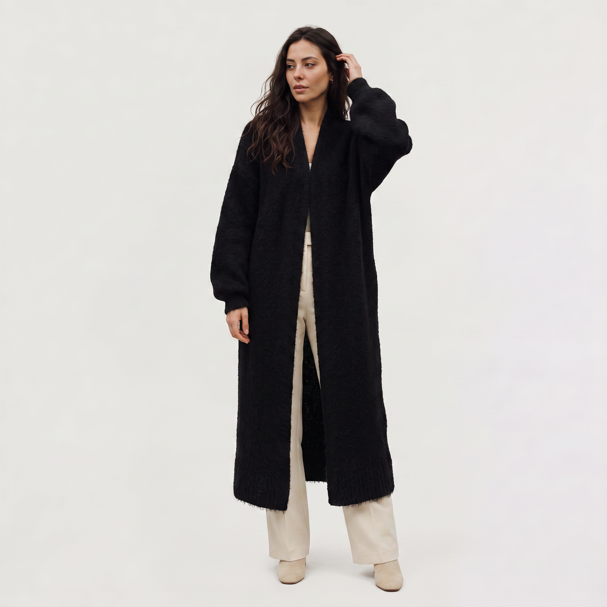 Cardigan très long ouvert en maille duveteuse — Amielle Paris — vue 6