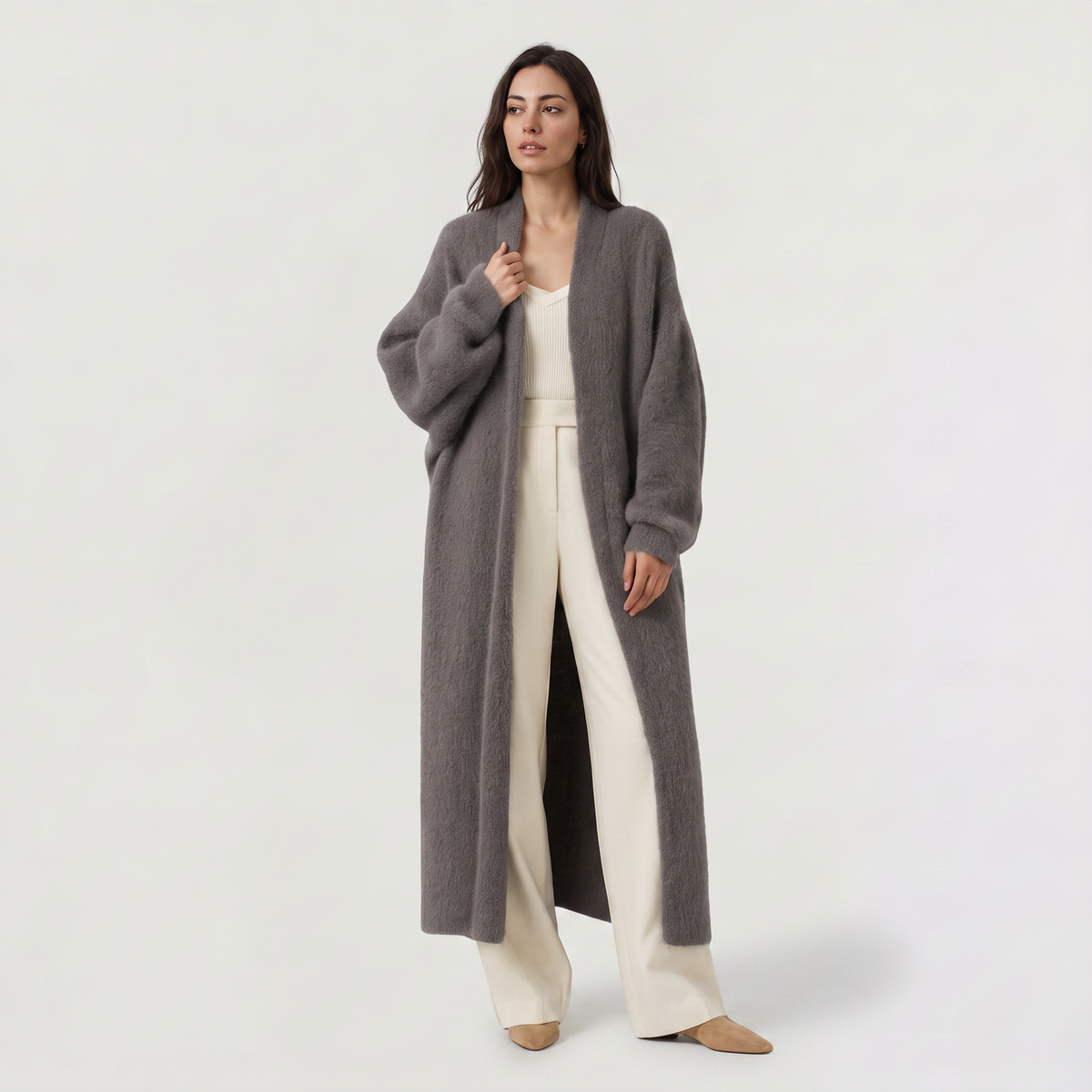Cardigan très long ouvert en maille duveteuse — Amielle Paris — vue 3