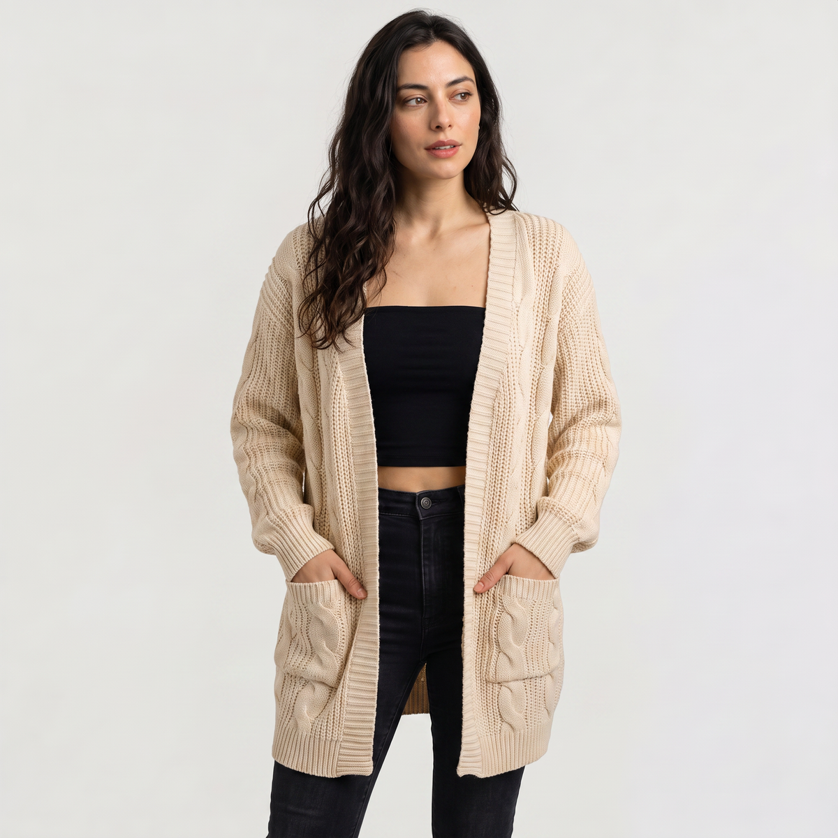 Cardigan long ouvert à torsades et manches chauve-souris — Amielle Paris — vue 1