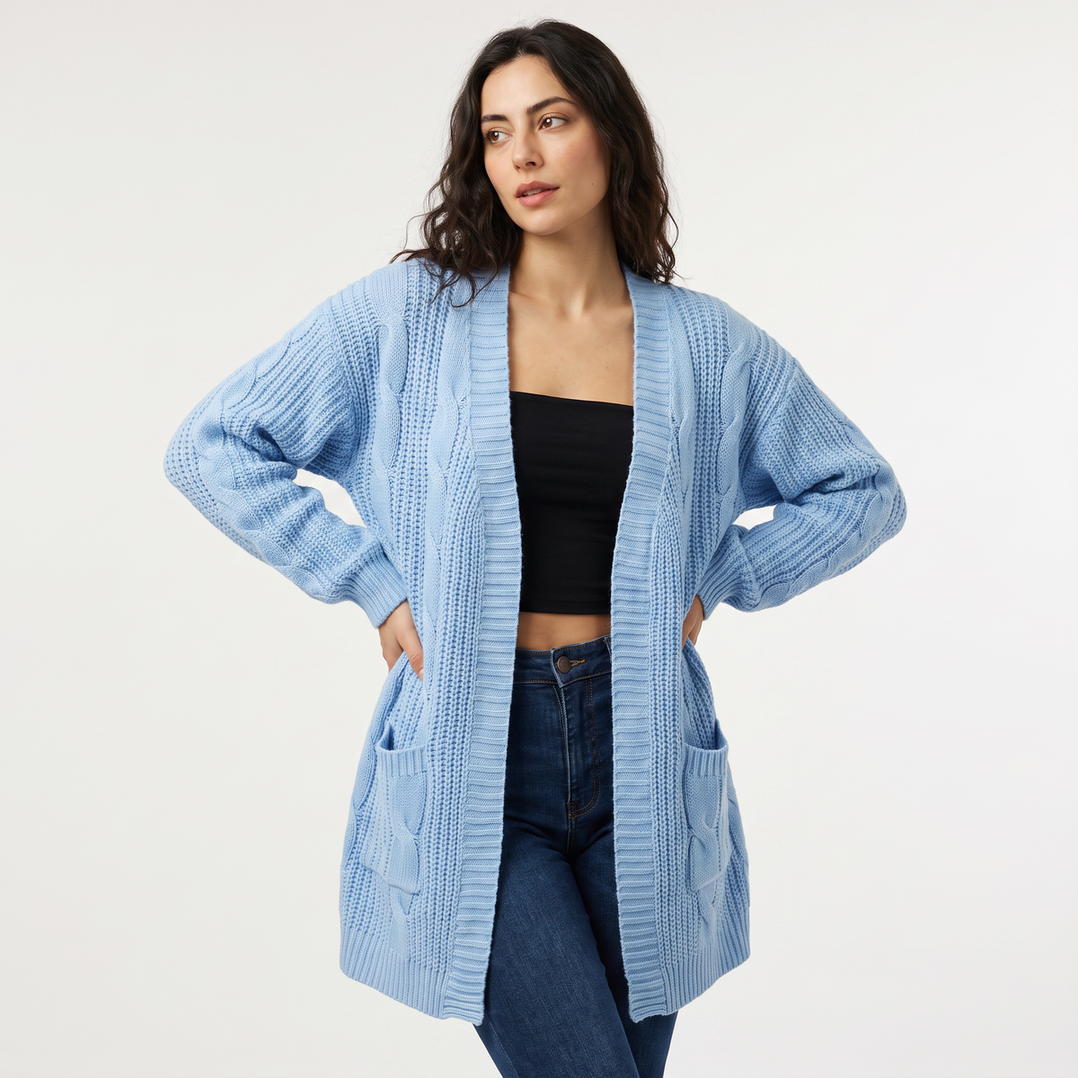 Cardigan long ouvert à torsades et manches chauve-souris — Amielle Paris — vue 9